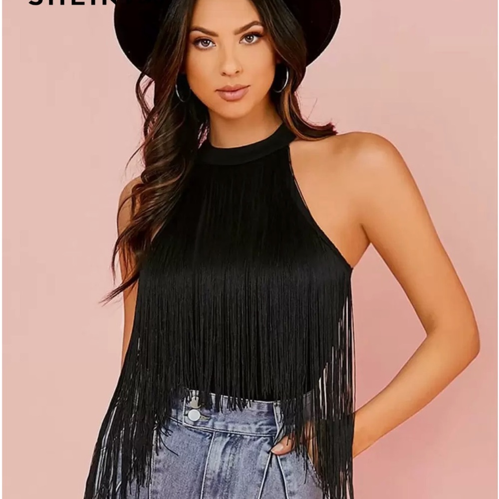 SHEIN Black Fringe Halter Bodysuit